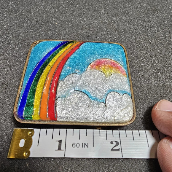 Vintage Brass Squared Hand Painted Rainbow With Clouds Enameled Belt Buckle - Picture 9 of 11